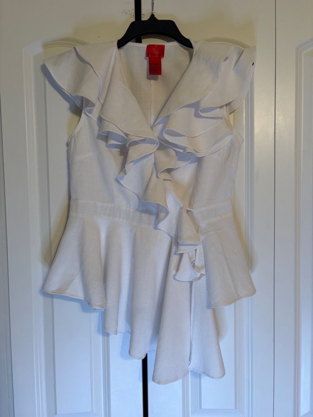 V Cristina White Ruffle Peplum Top